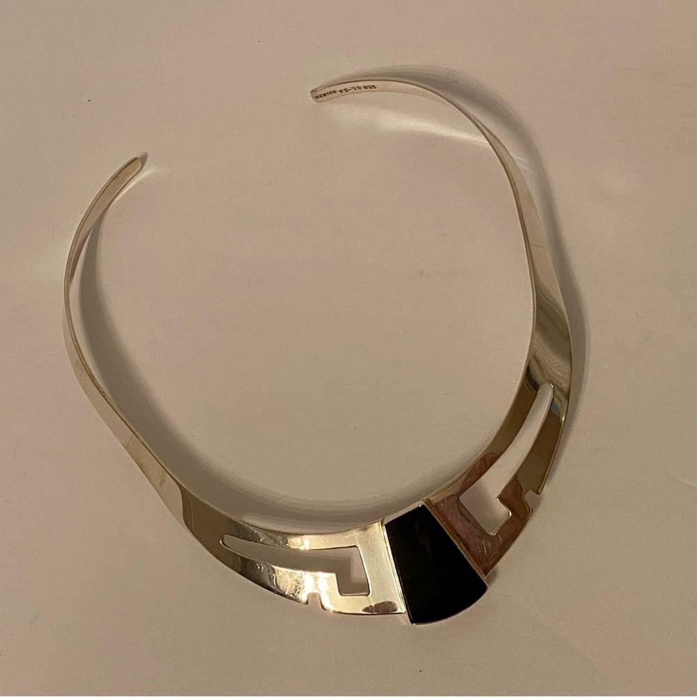 MEXICO MODERNIST NECKLACE STERLING SILVER BLACK ONYX COLLAR TORQUE TS-70 925 - Picture 3 of 12